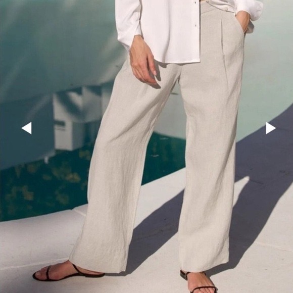 Ayr The Alfresco Linen Pants Oatmeal Beige Wide Leg Pleated Trousers Women Small